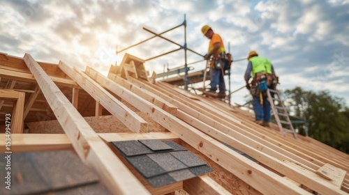 Construction Crew at Work: A pair of construction workers meticulously assemble the framework of a new roof under a sunny sky. The scene radiates industry and craftmanship.
