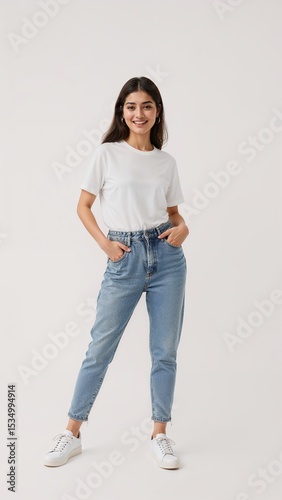 Full length of confident Colombian woman smiling in a casual outfit in a white tshirt and jeans standing with her arm and leg crossed on plain white background