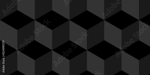 Abstract cube geometric tile and mosaic wall or grid backdrop technology wallpaper black cubic background. Seamless geometric pattern square and diamond cubic shapes repeat surface art mosaic design.