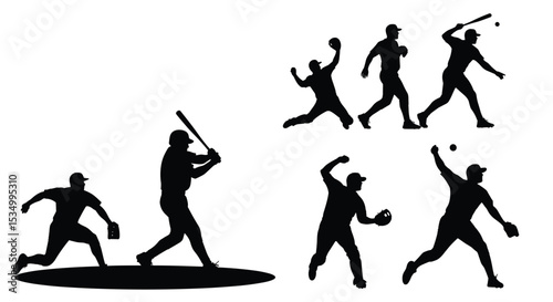 Various Baseball Player Action Silhouette Graphics For Different Baseball Activities Designs