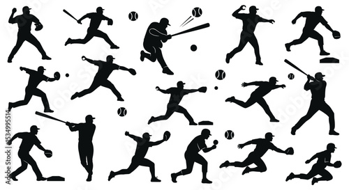 Baseball Players Silhouettes Illustrating Different Baseball Actions with A Ball and Bat