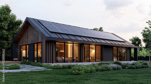 Modern eco-friendly house with solar panels and large windows in a scenic outdoor landscape at sunset