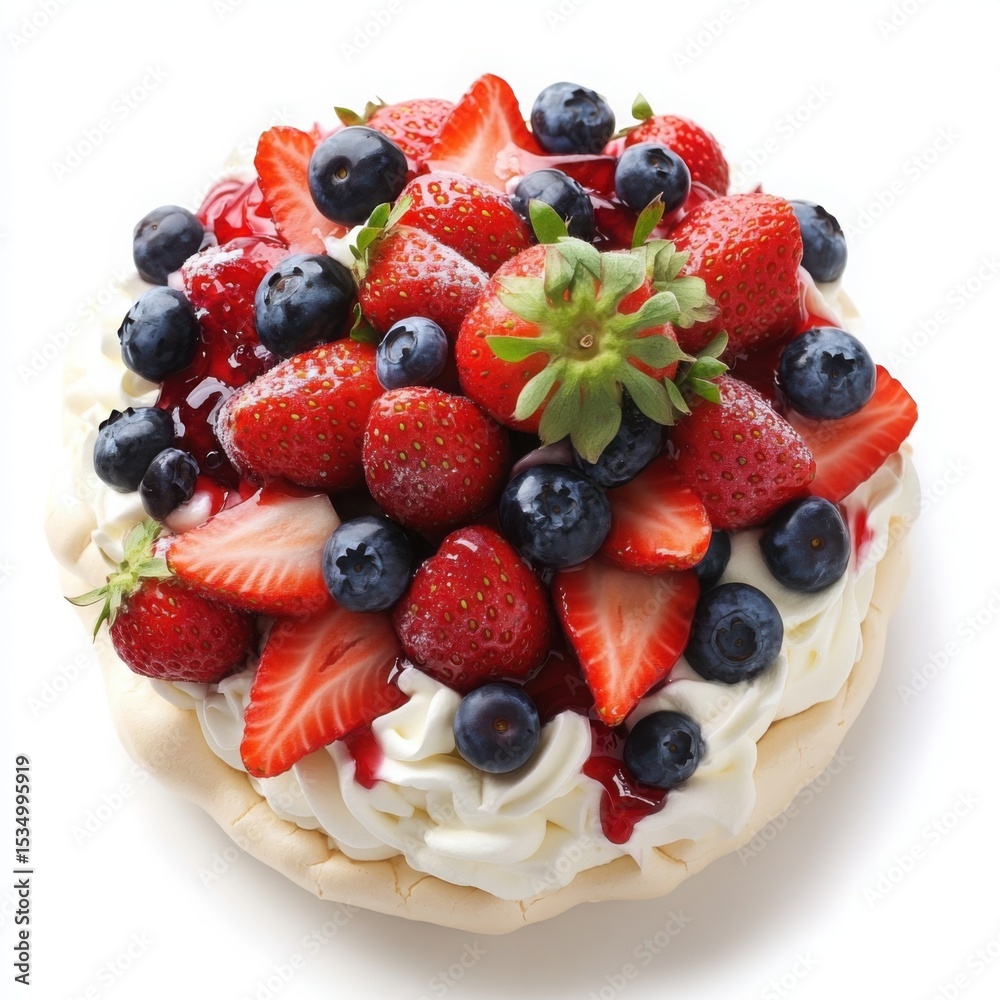 Obraz premium A different delicious spring dessert, a colorful berry pavlova with a crisp meringue base