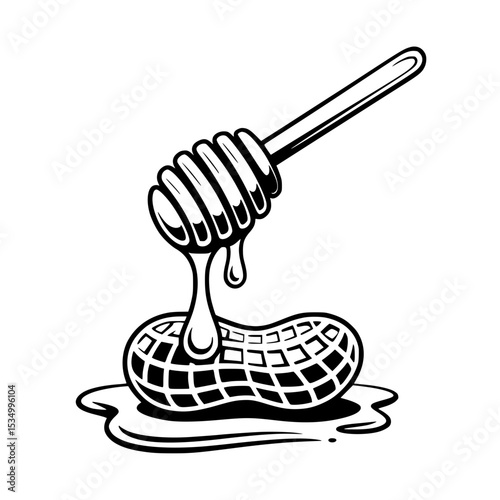 Black illustration of honey dripping from dipper onto peanut