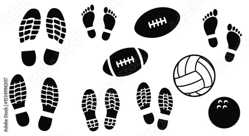 Footwear Impressions and Sporting Goods Items Vector Art Black and White