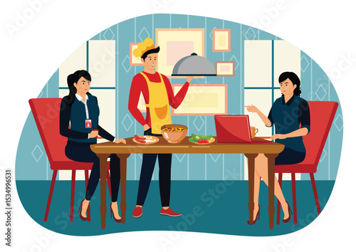 Lunch with colleagues concept. Smiling diverse colleagues having lunch in restaurant.