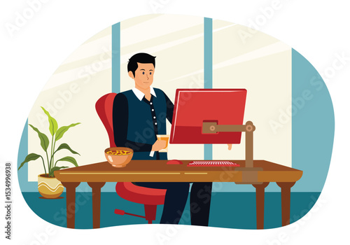 Busy man working at the table concept. Man Using Computer and Enjoying Break With Refreshments.