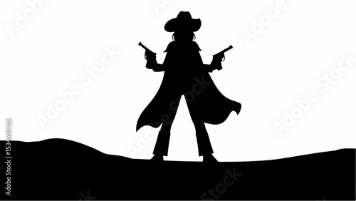 Silhouette of a cowboy with a hat and coat standing on a hill and holding two guns in his hands out west | eps vectors