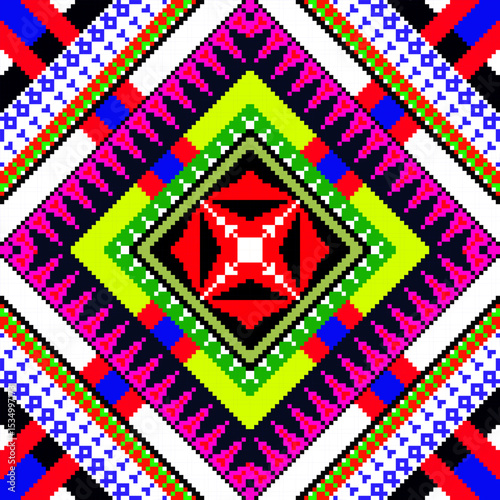 A symmetrical seamless pixel pattern with a bold red central diamond on a layered green, white, and black background. The ethnic zigzag and geometric arrangements evoke traditional tribal weaving, per