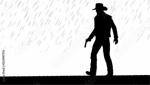 Silhouette of a cowboy standing in the rain holding a gun in a stark black and white composition | eps vectors