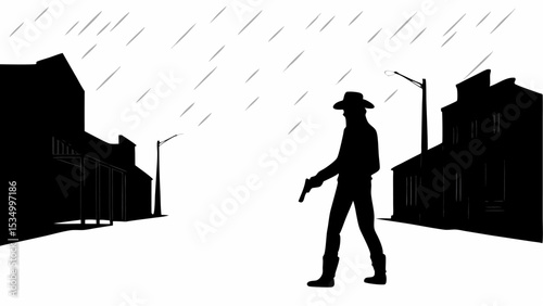A lone cowboy silhouette walks in the rain through an old western town with his gun drawn out ready | eps vectors