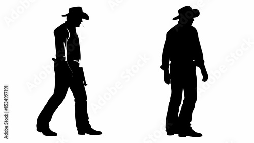 Silhouette depiction of two cowboys in hats and western attire standing in a stark white setting | eps vectors
