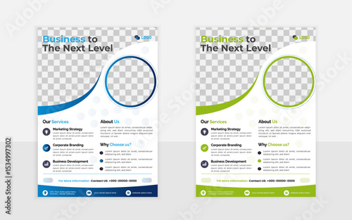 A4-size business flyer design template layout with rectangular blue and orange shape