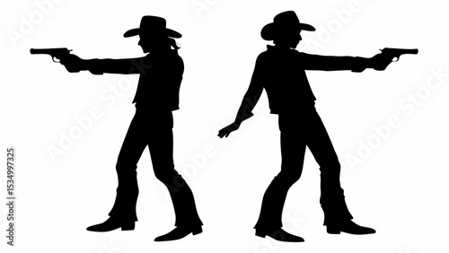 Two cowboys in silhouette pointing guns in opposite directions in a western style standoff scene | eps vectors