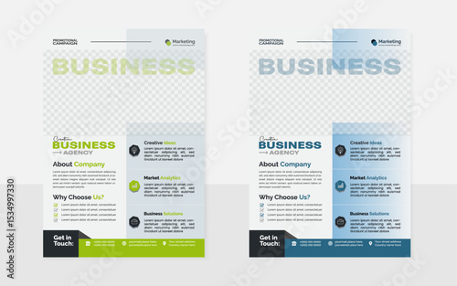 A4-size business flyer design template layout with rectangular blue and orange shape
