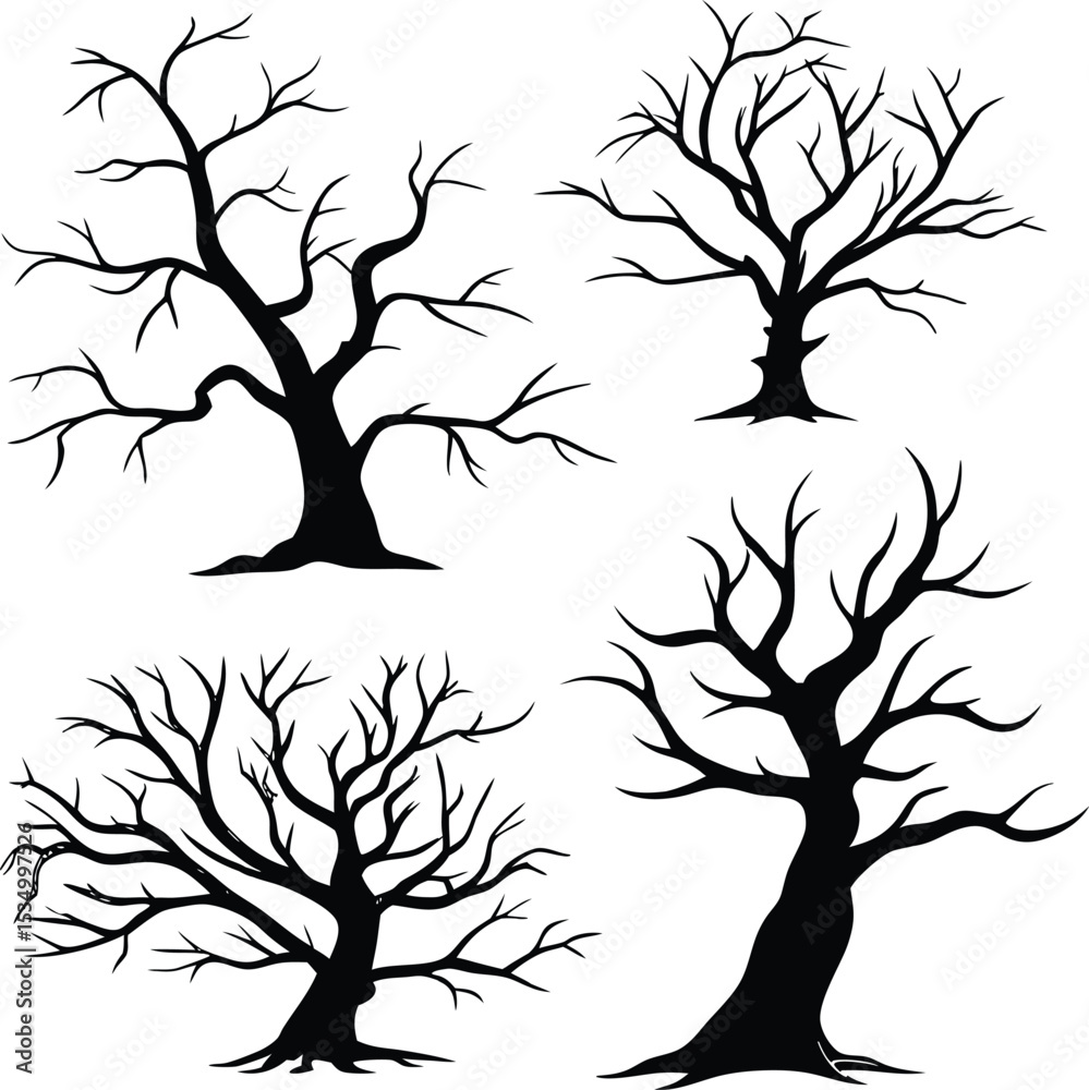 Fototapeta premium Gnarled Leafless Tree Silhouettes; Vector Graphics Silhouettes of Dead Trees Illustration Collection