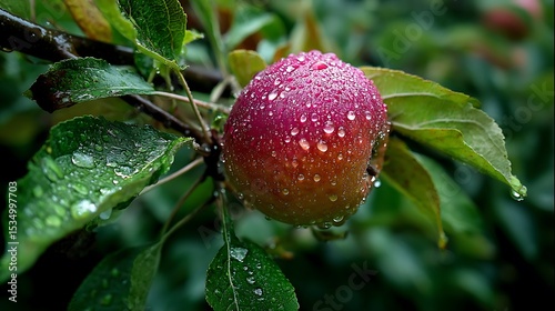 A Single, Dew-Kissed Apple Hanging on a Branch