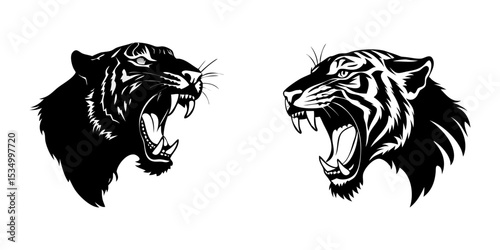 Set of tiger head full black silhouette vector illustration design