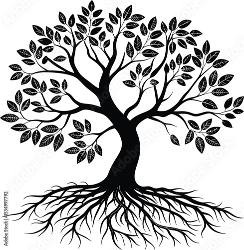 Tree of Life Silhouette vector; A black silhouette tree vector icon with roots; d illustration of a black tree silhouette with intricate roots 
