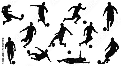 A group of soccer players playing soccer together on white background