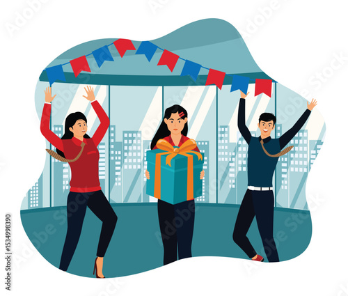 Birthday office party concept. Birthday Celebration with Gifts and Party Decorations in Office.