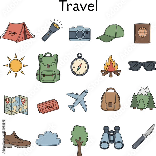 Hand-Drawn Travel Icons Set Featuring Camping and Adventure Elements