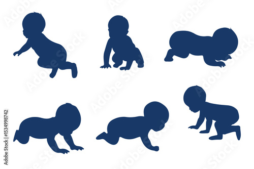 Baby Crawling Silhouettes Set. Very smooth and detail vector . Sitting, crawling and standing. Vector illustration . 