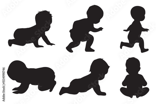 Baby Crawling Silhouettes Set. Very smooth and detail vector . Sitting, crawling and standing. Vector illustration . 