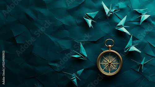 Gold compass with origami birds on textured teal background
