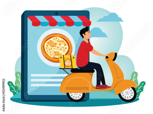 Food delivery service concept. Food Delivery Driver on Scooter with App Interface.