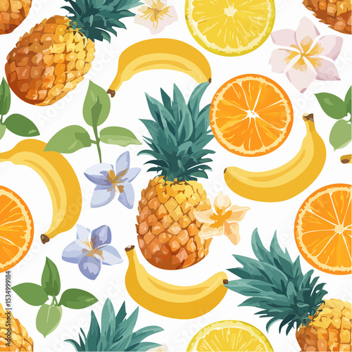 Colorful pineapple, citrus fruit, banana and flower seamless pattern for summer holiday background