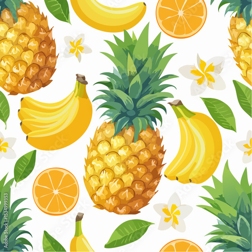 Colorful pineapple, citrus fruit, banana and flower seamless pattern for summer holiday background