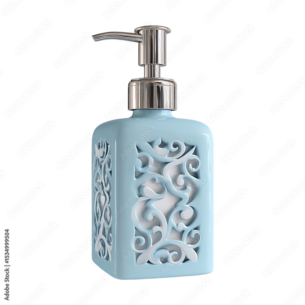 Obraz premium Light blue soap dispenser with decorative cutouts.