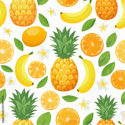 Colorful pineapple, citrus fruit, banana and flower seamless pattern for summer holiday background