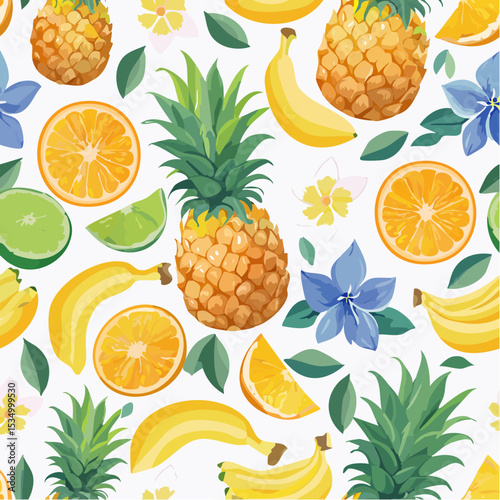 Colorful pineapple, citrus fruit, banana and flower seamless pattern for summer holiday background