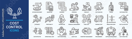 Cost Control icon set. Containing budgeting, expenses, overhead, forecast, cost analysis, saving and more. Outline vector icons collection.