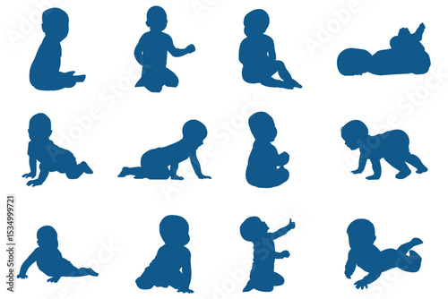 A Collection of Baby Silhouette . Silhouette of Baby Sitting and Crawling Multiple Poses on white Background . 