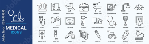 Medical icon set. Containing Lab Equipment, Flask, Experiment, Dentist Chair, First Aid Bag, Nebulizer and more. Outline vector icons collection.