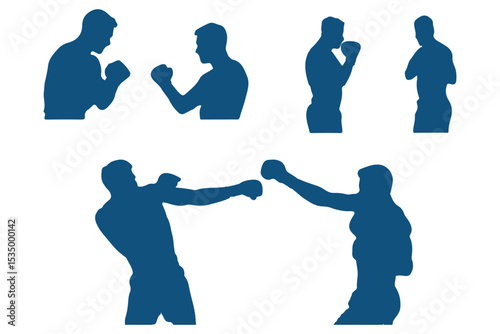 silhouettes of boxing player is isolated on a white background . set of silhouette of boxer in dynamic pose . 