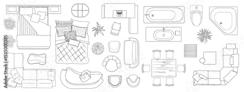 Furniture outline Top view. Set of line art elements for interior design house, apartment above view plan. Overhead contoured bed, sofa, chair, plant, table. Vector isolated, transparent background.