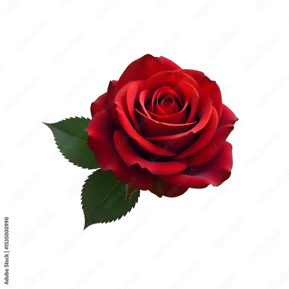 Naklejka premium A vibrant white rose in full bloom, its velvety petals spiraling elegantly from the center, accompanied by lush red leaves, isolated on a clean png background