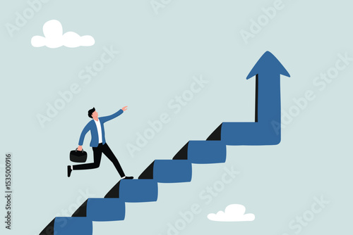Career advancement or growth, ladder to success. A confident businessman steps up the ladder of success with an upward arrow.