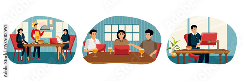 Lunch with colleagues concept. Business meeting at restaurant. Busy man working at the table