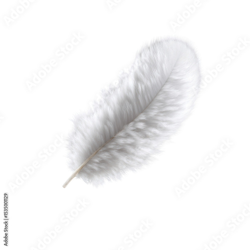 Single white feather with soft, delicate texture isolated on transparency background, symbolizing purity and lightness