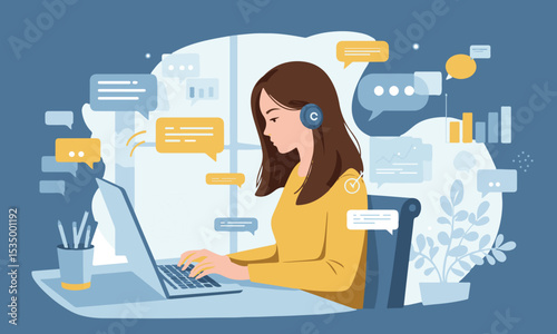 Flat design illustration of a woman actively studying online, or working remotely, digital data elements and learning. Suitable for online education materials, webinars, or digital learning concepts