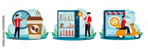 Coffee break concept. Vending machine. Food delivery service.