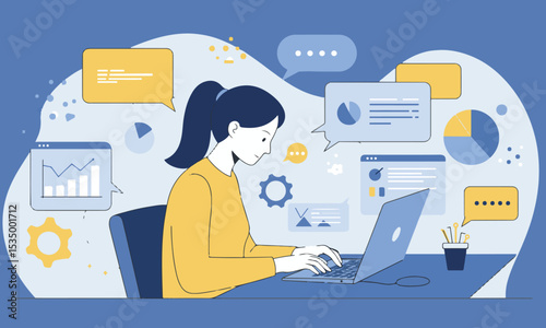 Flat design illustration of a woman actively studying online, or working remotely, digital data elements and learning. Suitable for online education materials, webinars, or digital learning concepts