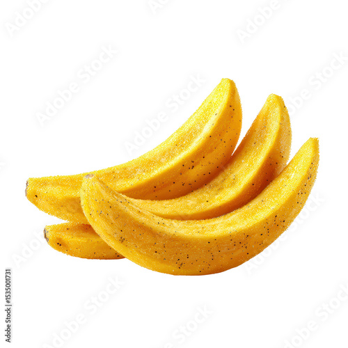 Golden fried plantain slices arranged in stack, showcasing their crispy texture and vibrant color. Perfect for tropical snack or side dish