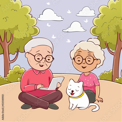 Cute Elderly People Using Digital Technology with Their Pets.