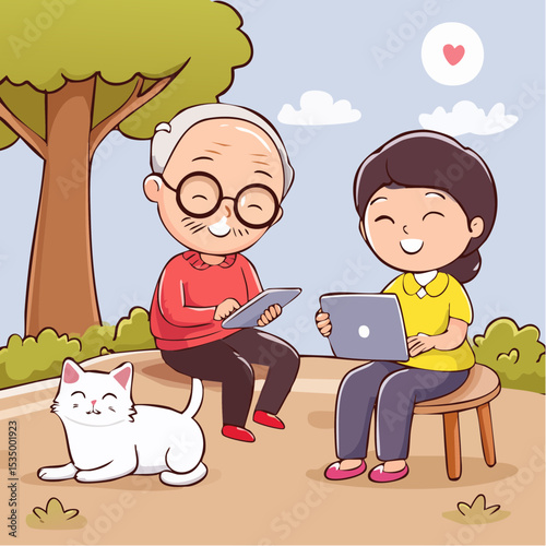 Cute Elderly People Using Digital Technology with Their Pets.
